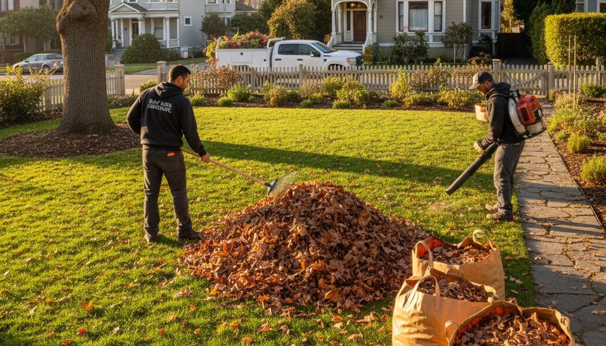 Technicians performing fall leaf removal and yard clean up in San Francisco, CA residential lawn