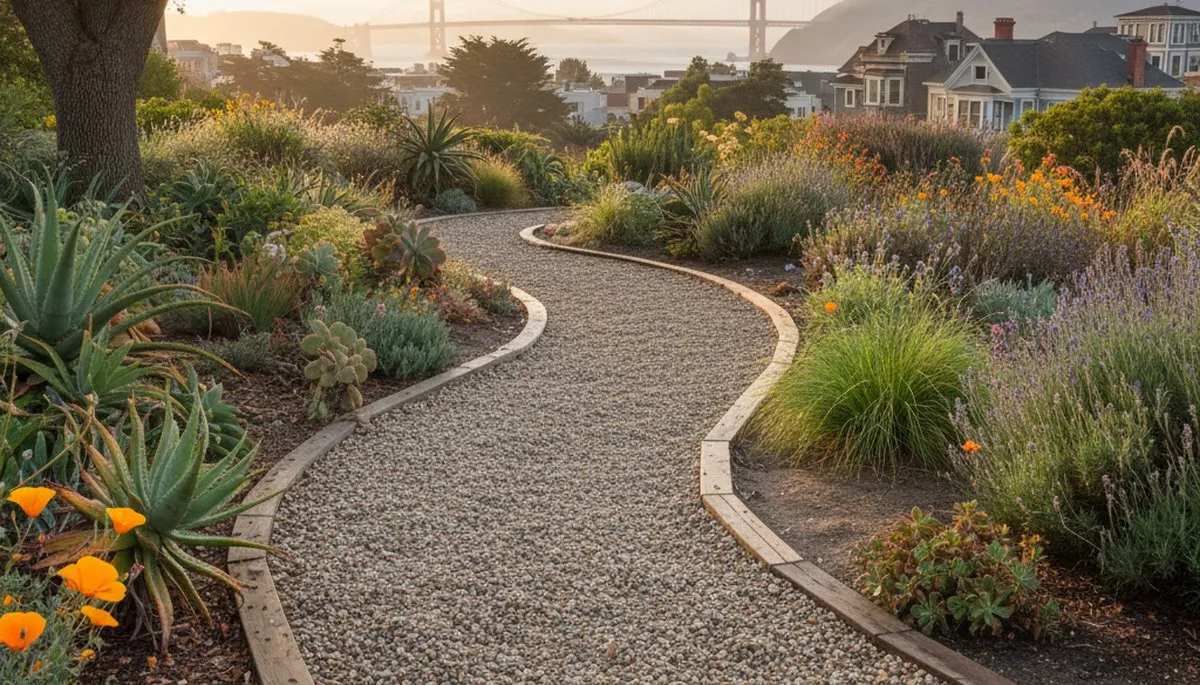 Pea gravel garden pathway with lush plantings in San Francisco, CA by Chop Chop Landscaping