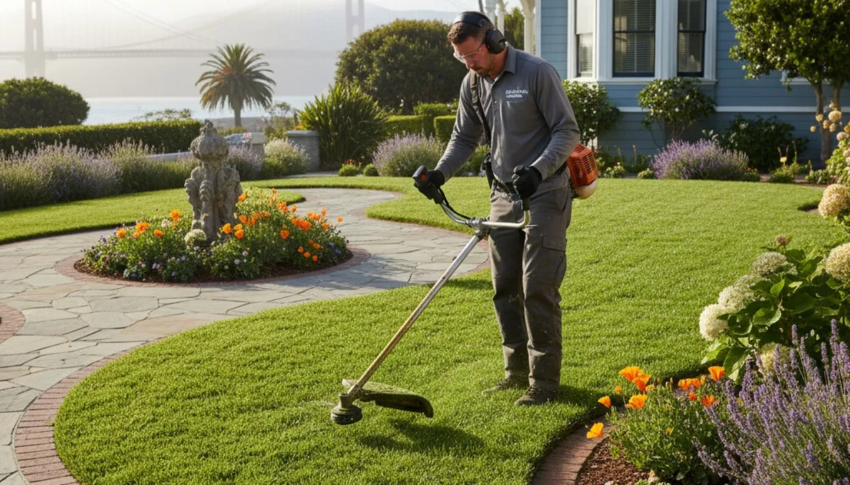 Professional landscaper trimming lawn edges with string trimmer in San Francisco, CA