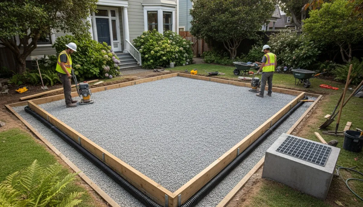 Shed foundation prep with gravel base and drainage by Chop Chop Landscaping in San Francisco, CA
