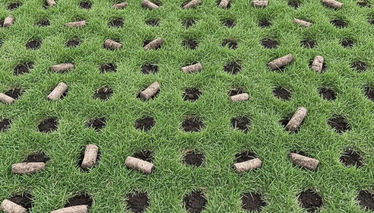 Close-up of soil core plugs from professional lawn aeration on a San Francisco, CA lawn